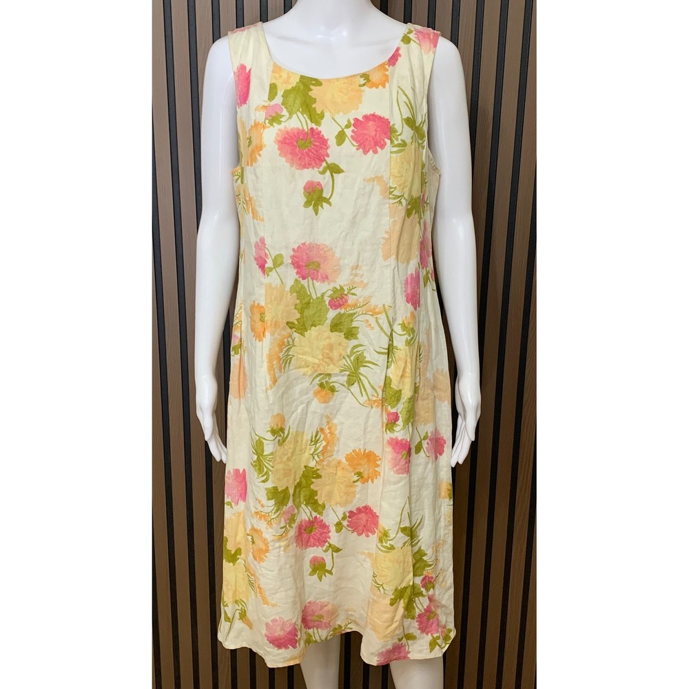 J.Jill 100% Linen Floral Sleeveless Midi Sheath Dress Pink Yellow Size 12